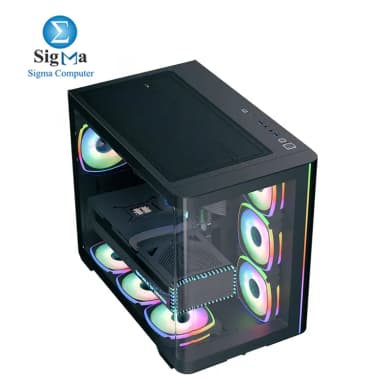 Aerocool P500C Evo Mid Tower case with curved tempered glass 4x ARGB fans dual-chamber design supports ATX motherboards 360mm liquid cooling and GPUs up to 450mm. - View 3