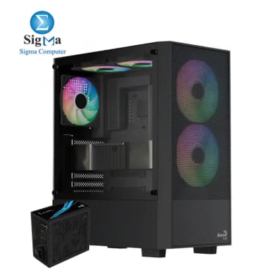 AeroCool B508A Flow Mid Tower Case supports ATX m-ATX Mini-ITX 340mm GPU 5 fans tempered glass panel paired with AeroCool LUX 550W 80Plus Bronze PSU with flat cables and silent 120mm fan. - View 1