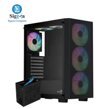 Aerocool B509A Flow LUX 650W Bronze Mid Tower case with mesh front tempered glass supports ATX boards 340mm GPUs includes 650W 80 Bronze PSU with 88 efficiency flat cables and full protections - View 1